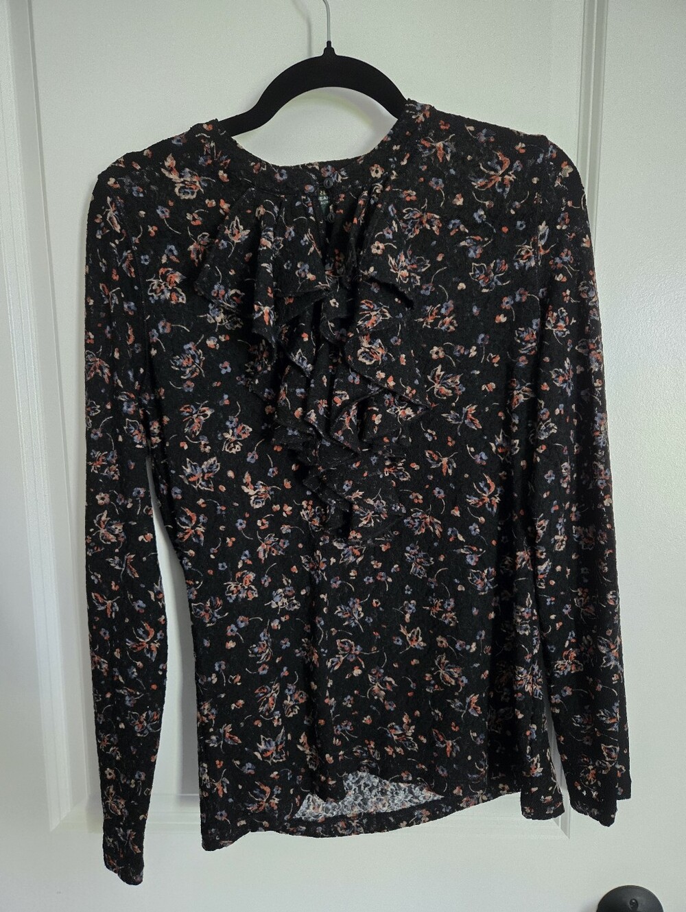 LRL Lauren Jeans Co. Black Floral Ruffle Blouse